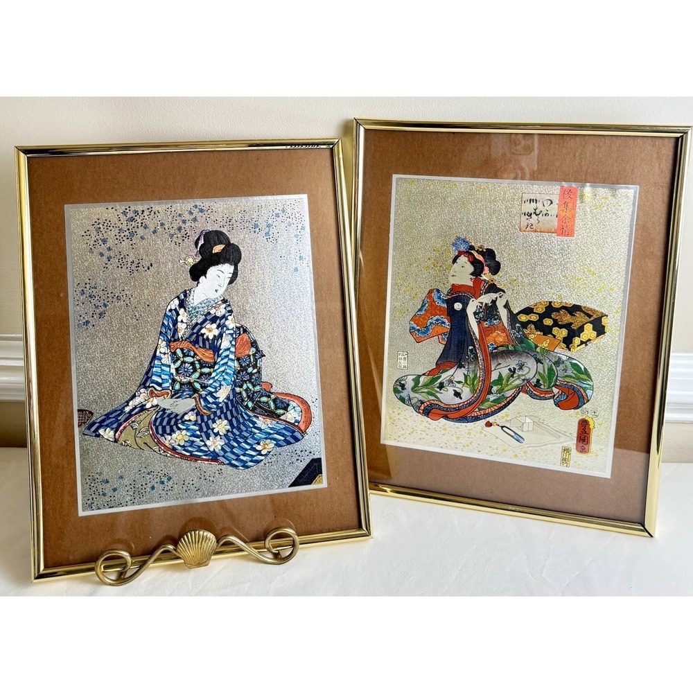Vintage Japanese Geisha Foil Prints Set 2‎ Gold Frame Chinoiserie Art 80s